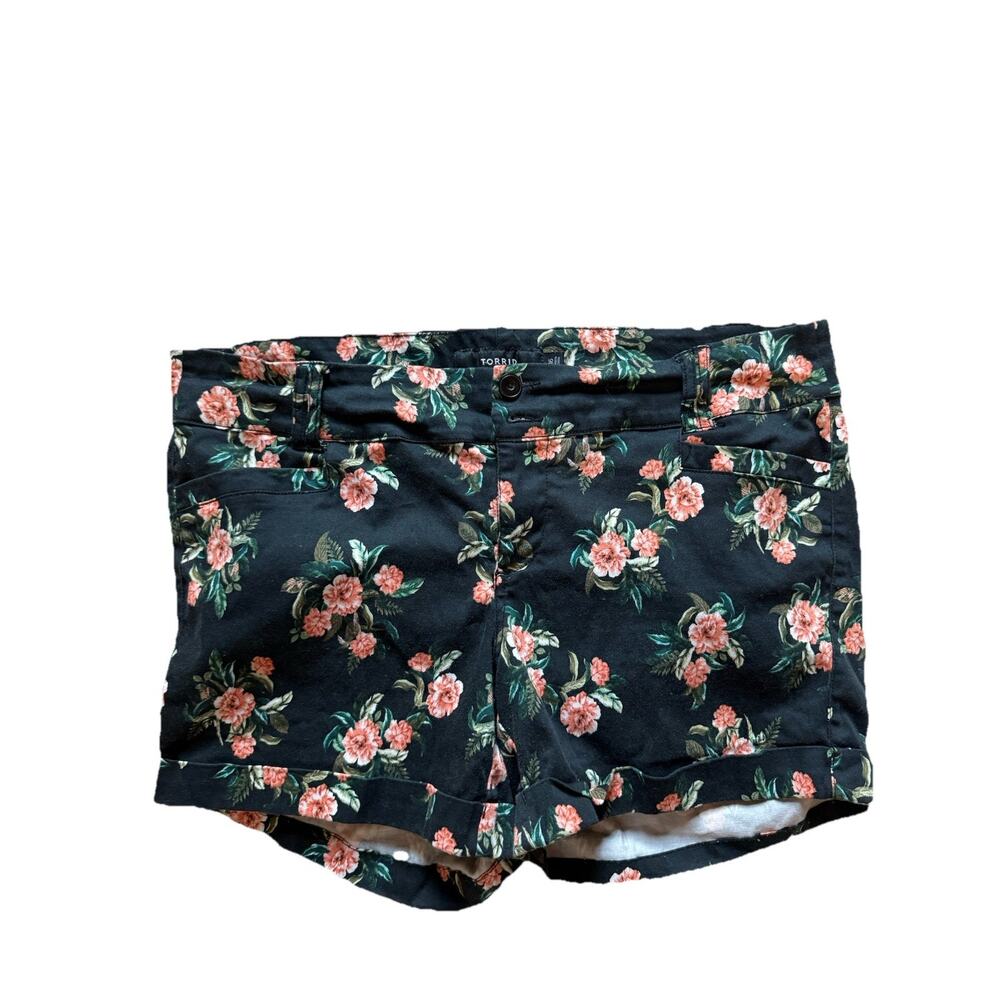 Torrid Shorts Womens Plus Sz 16 Cuffed Pink Floral Print Cotton Black